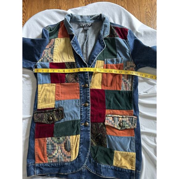 Vintage 90s NY Line Velvet Patchwork Denim Jacket Womens Size Medium Blue Boho - Picture 6 of 8